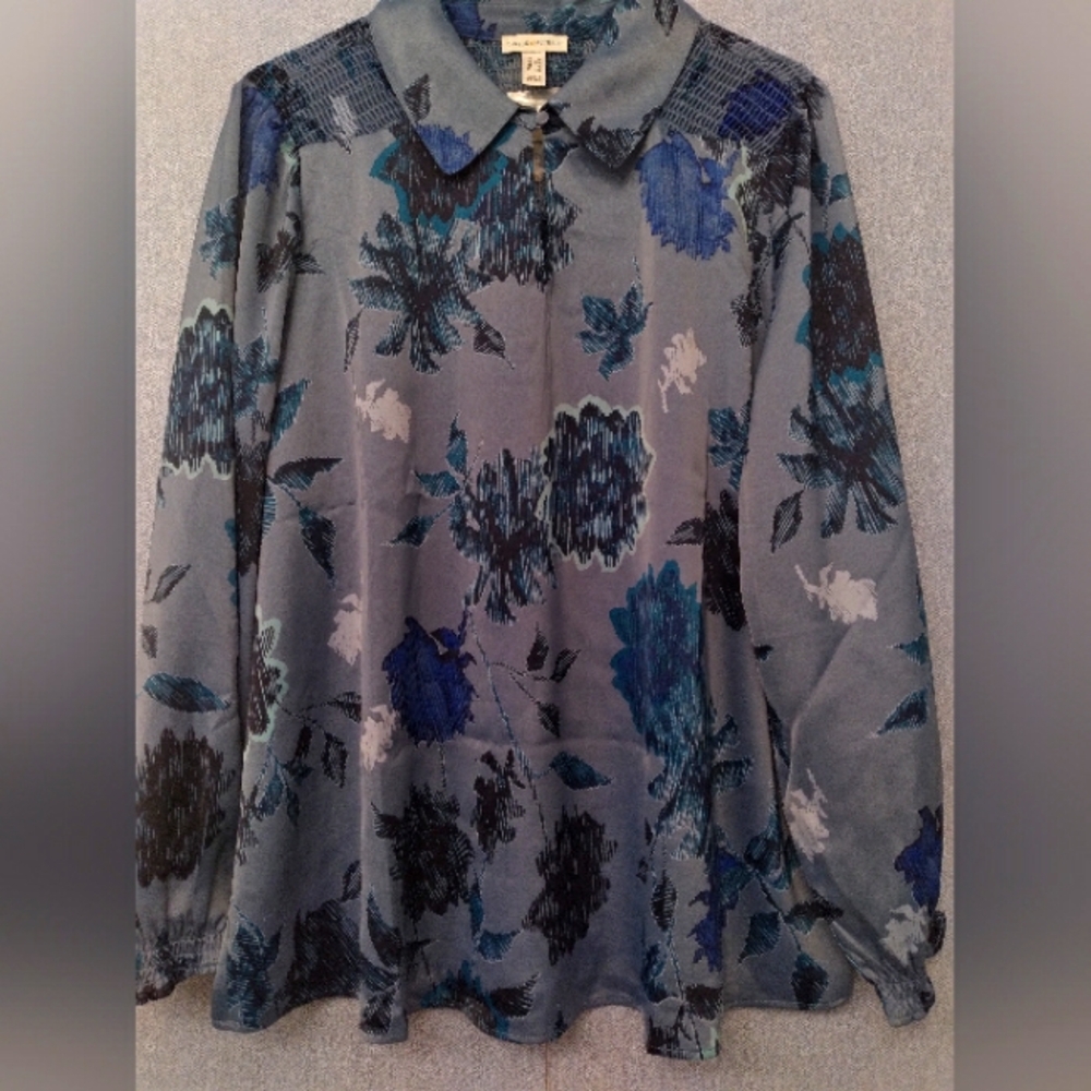 Elegant Floral Long Sleeve Blouse with Smocked Detail Grey Blue Botanical Print